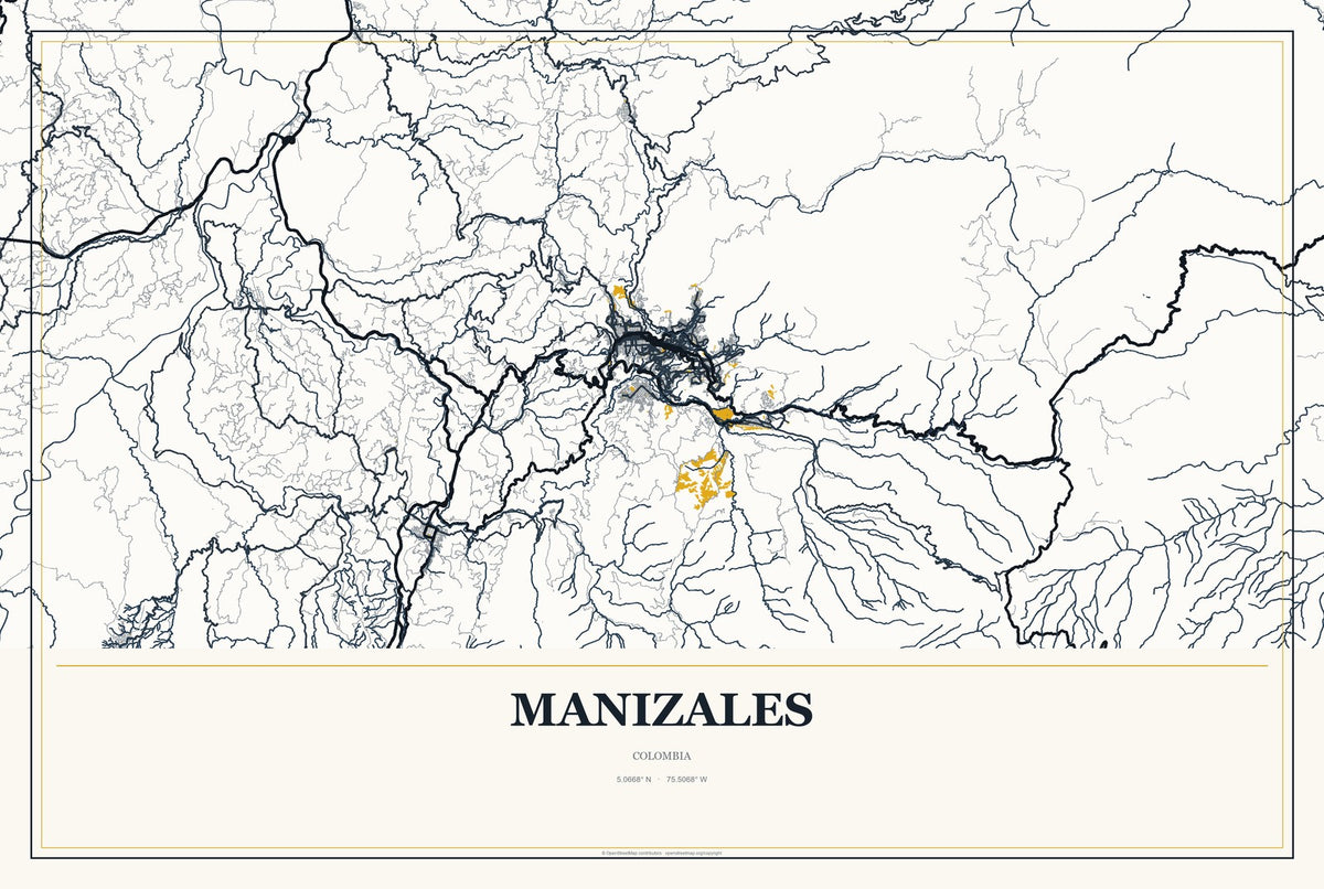 Manizales, Colombia City Map Aluminum Sign in Citrine Modern style