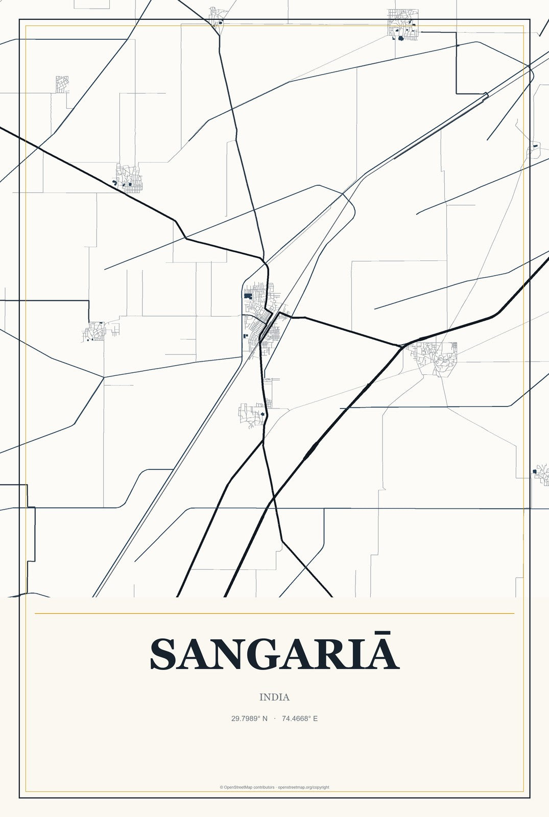 Sangariā, India City Map Aluminum Sign in Citrine Modern style