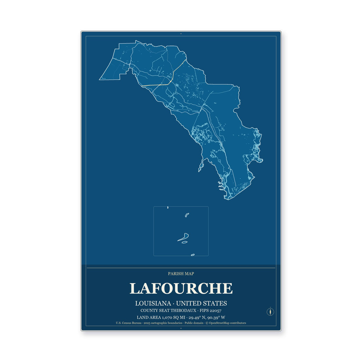Lafourche Parish, Louisiana Map Aluminum Sign in Harbor Cobalt style