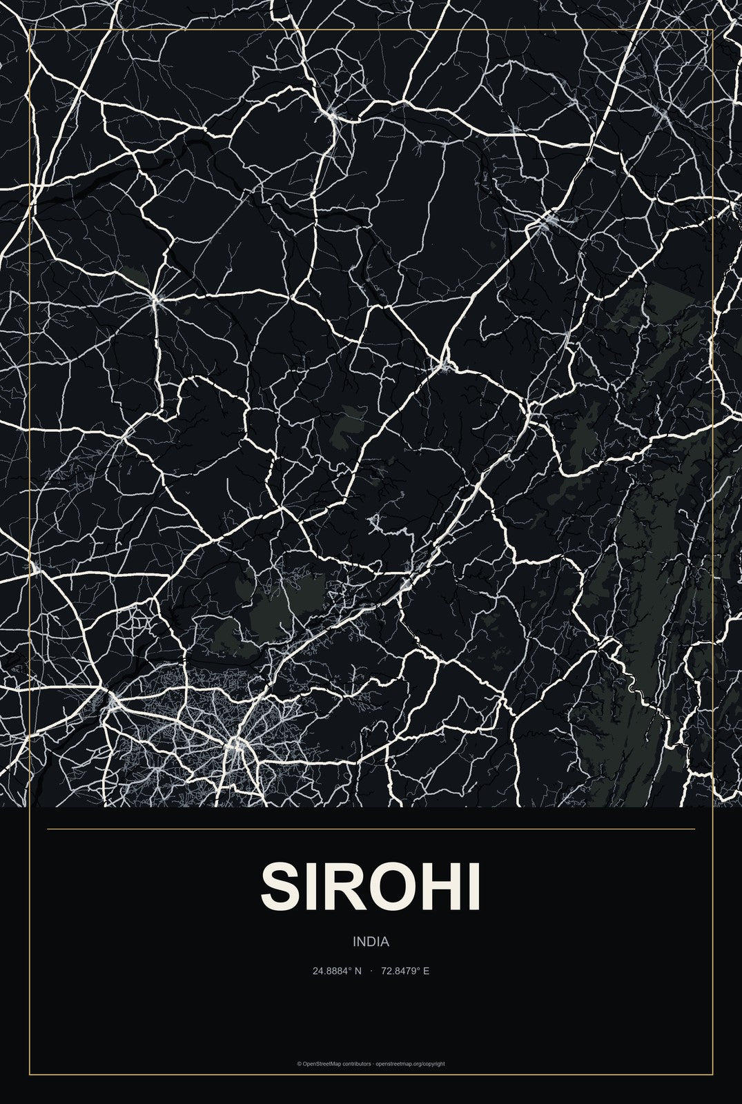 Sirohi, India City Map Aluminum Sign in Metropolitan Noir style