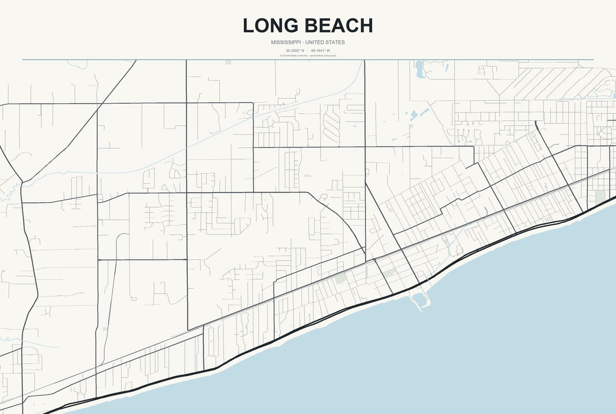 Long Beach, Mississippi City Map Aluminum Sign in Headline Atlas style