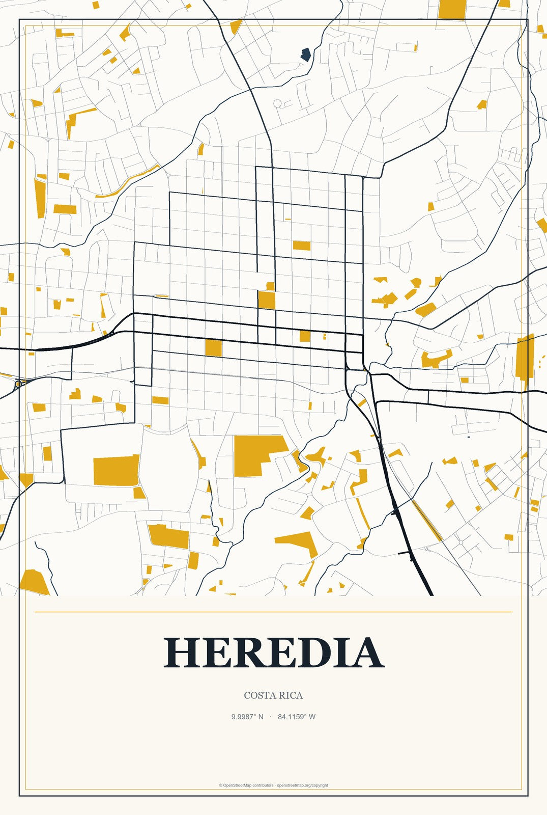 Heredia, Costa Rica City Map Aluminum Sign in Citrine Modern style