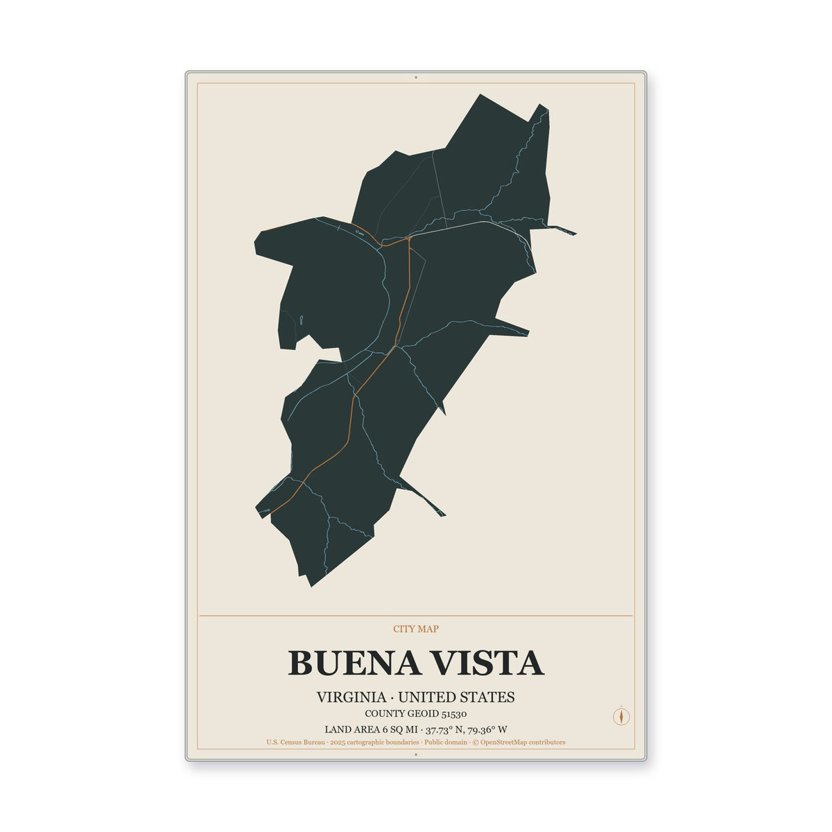 Buena Vista city, Virginia Map Aluminum Sign in Headline Atlas style