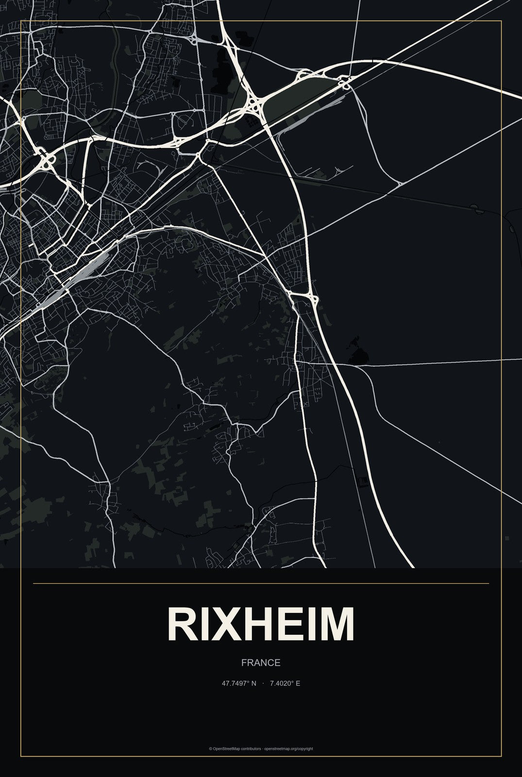 Rixheim, France City Map Aluminum Sign in Metropolitan Noir style