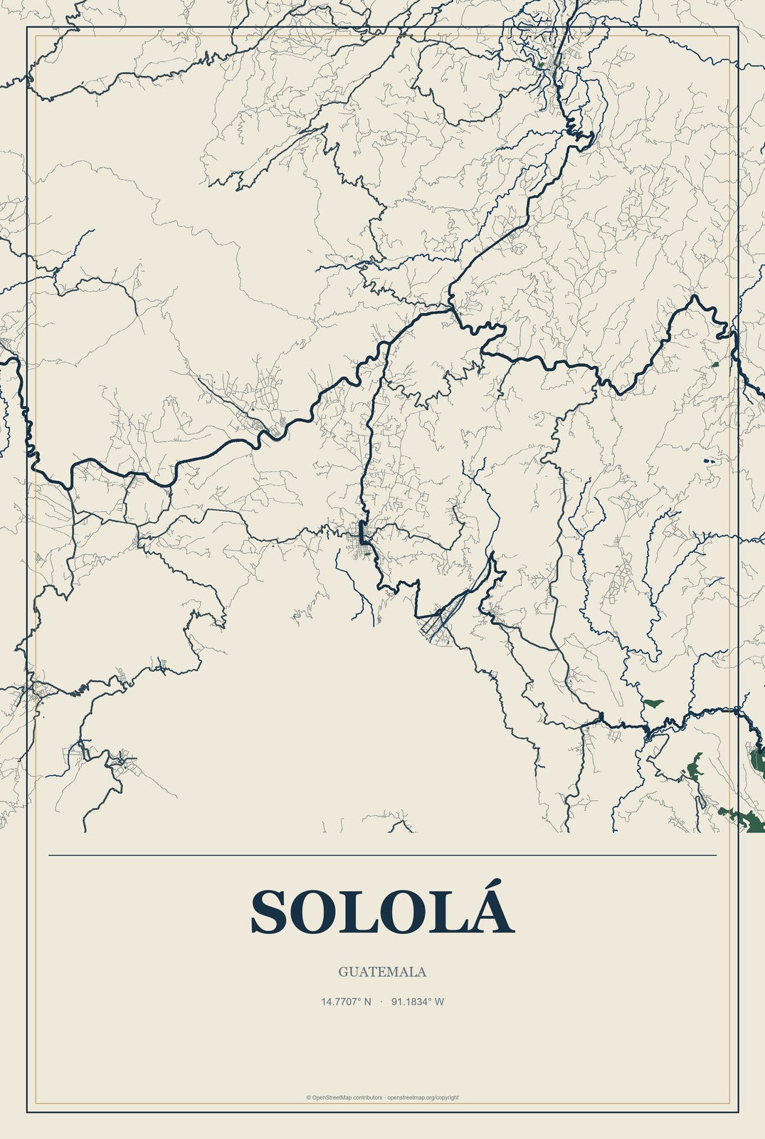 Sololá, Guatemala City Map Aluminum Sign in Coastal Cutout style