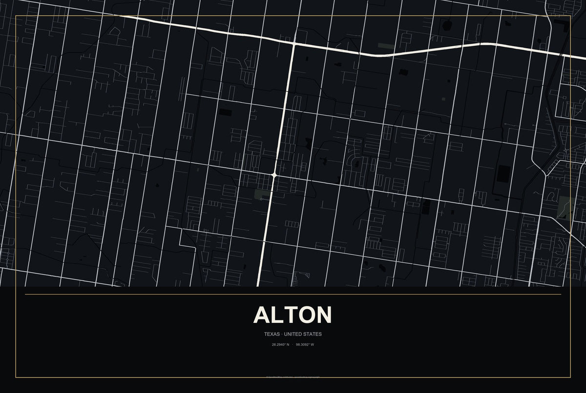 Alton, Texas City Map Aluminum Sign in Metropolitan Noir style