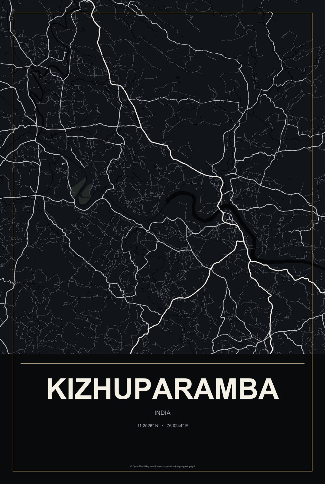 Kizhuparamba, India City Map Aluminum Sign in Metropolitan Noir style