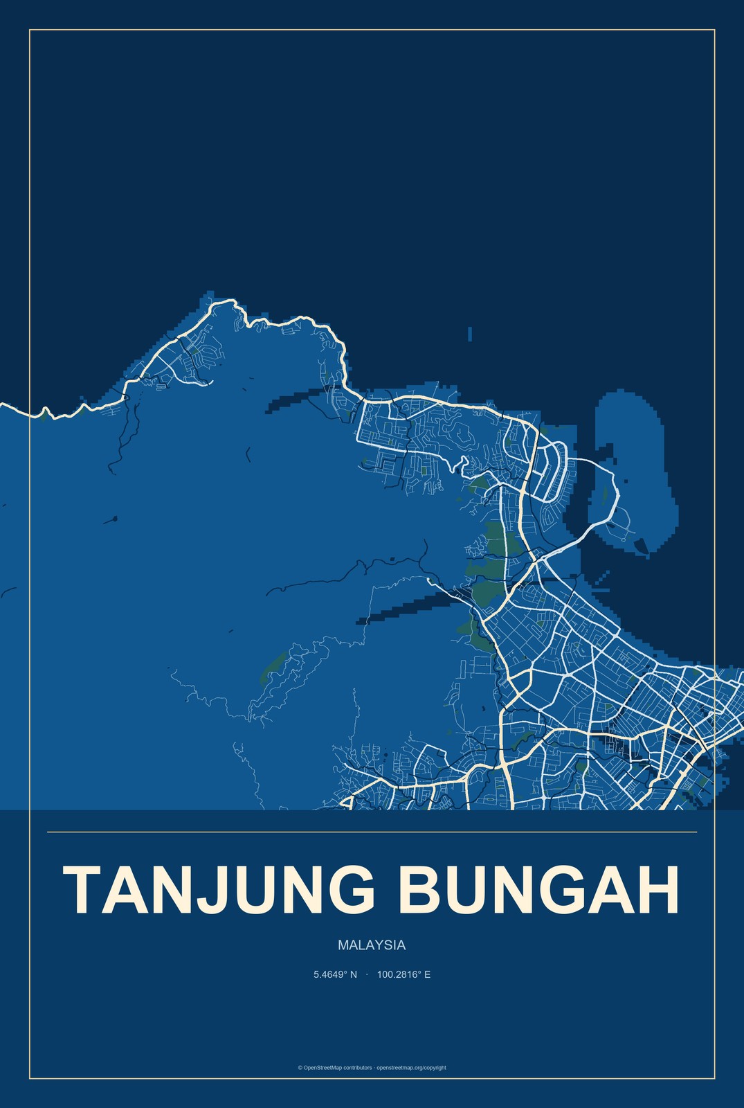 Tanjung Bungah, Malaysia City Map Aluminum Sign in Harbor Cobalt style
