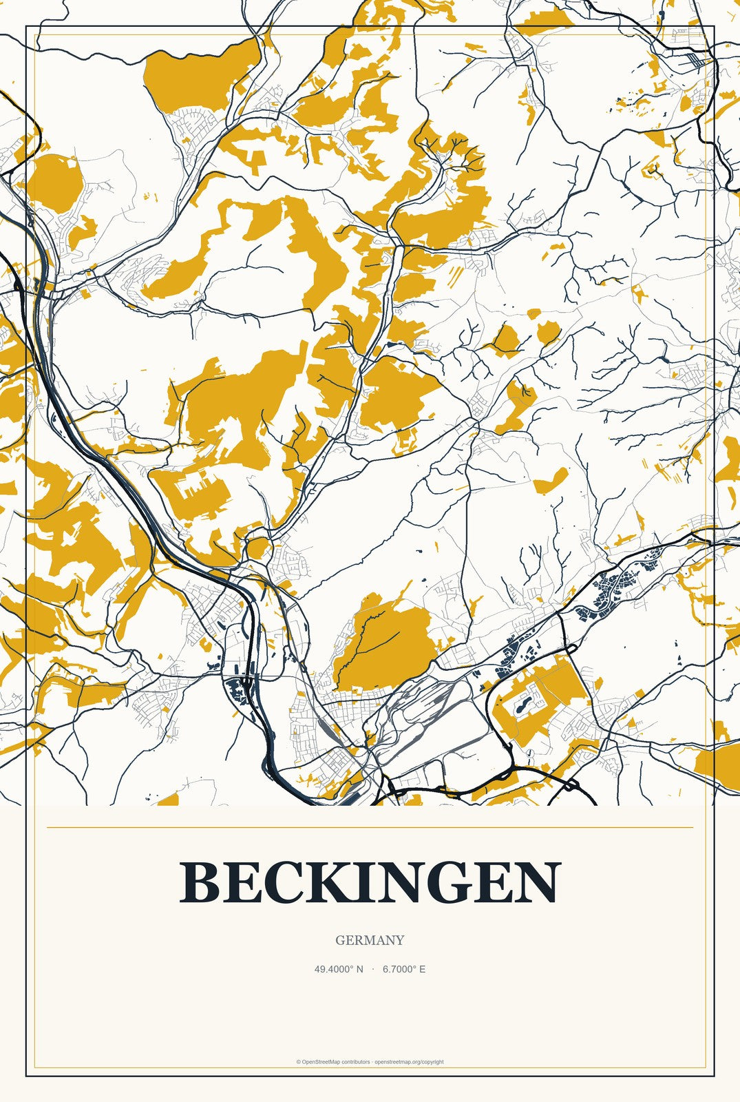 Beckingen, Germany City Map Aluminum Sign in Citrine Modern style