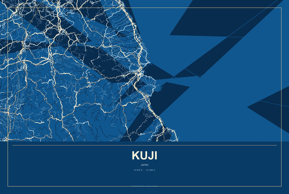 Kuji, Japan City Map Aluminum Sign in Harbor Cobalt style