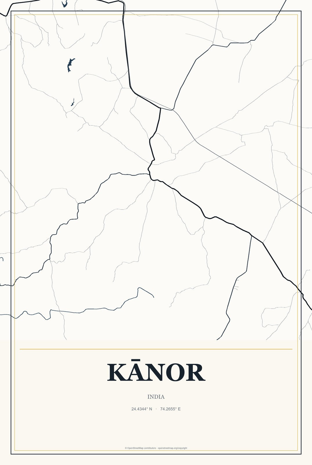 Kānor, India City Map Aluminum Sign in Citrine Modern style