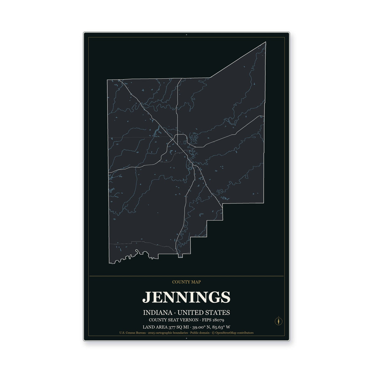 Jennings County, Indiana Map Aluminum Sign in Metropolitan Noir style