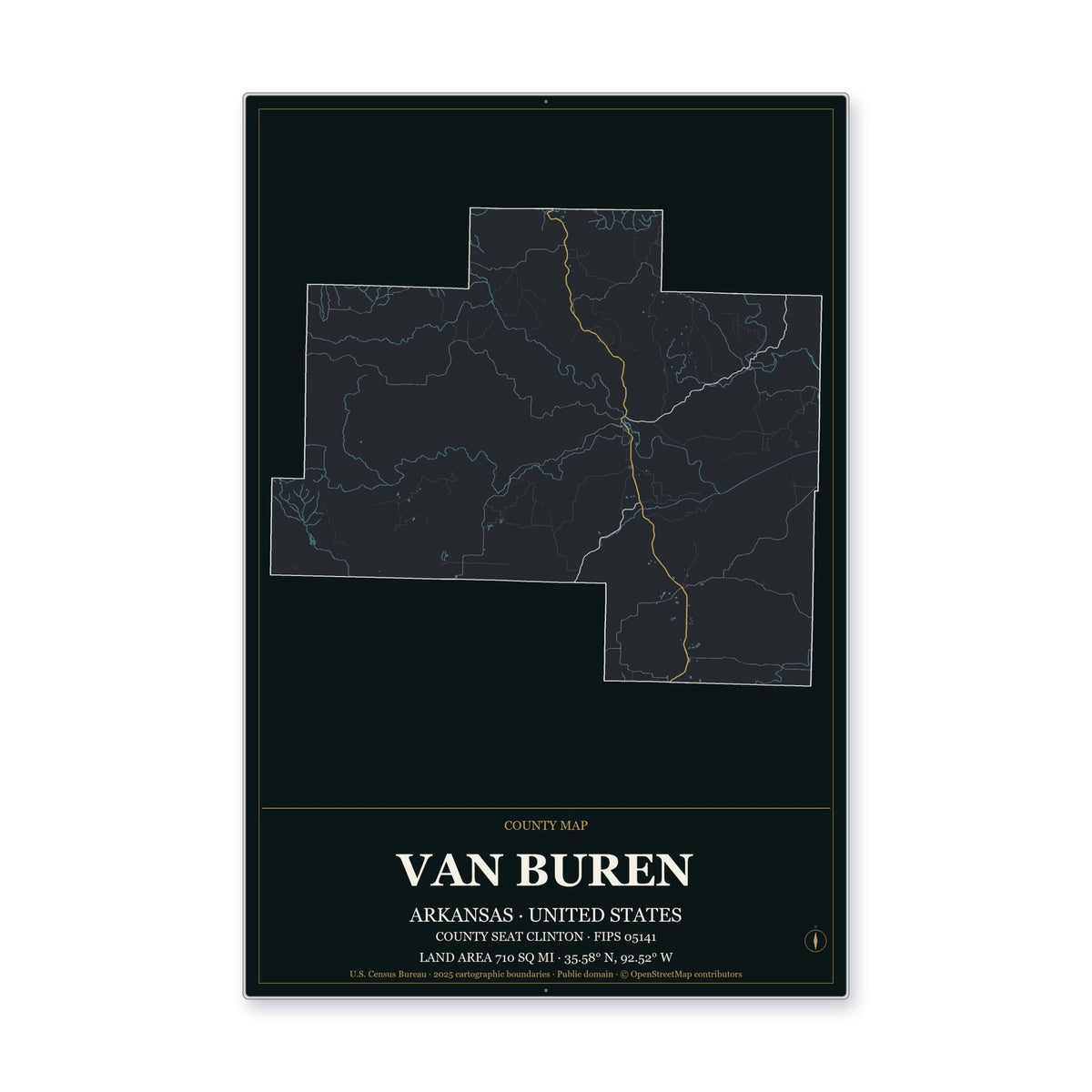 Van Buren County, Arkansas Map Aluminum Sign in Metropolitan Noir style