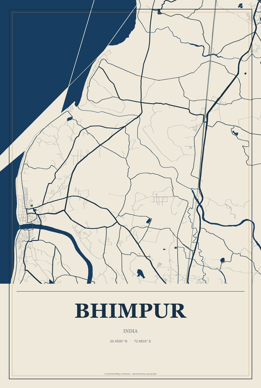Bhimpur, India City Map Aluminum Sign in Coastal Cutout style