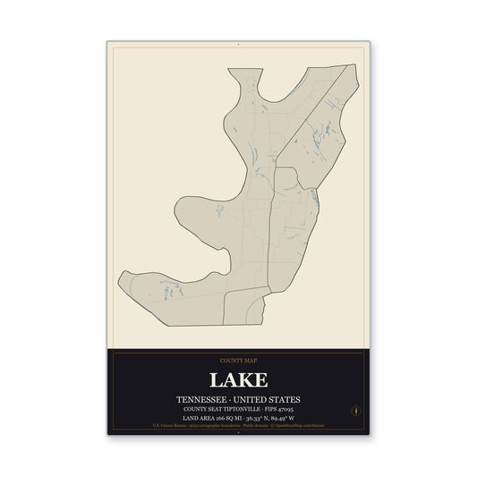 Lake County, Tennessee Map Aluminum Sign in Museum Plaque style