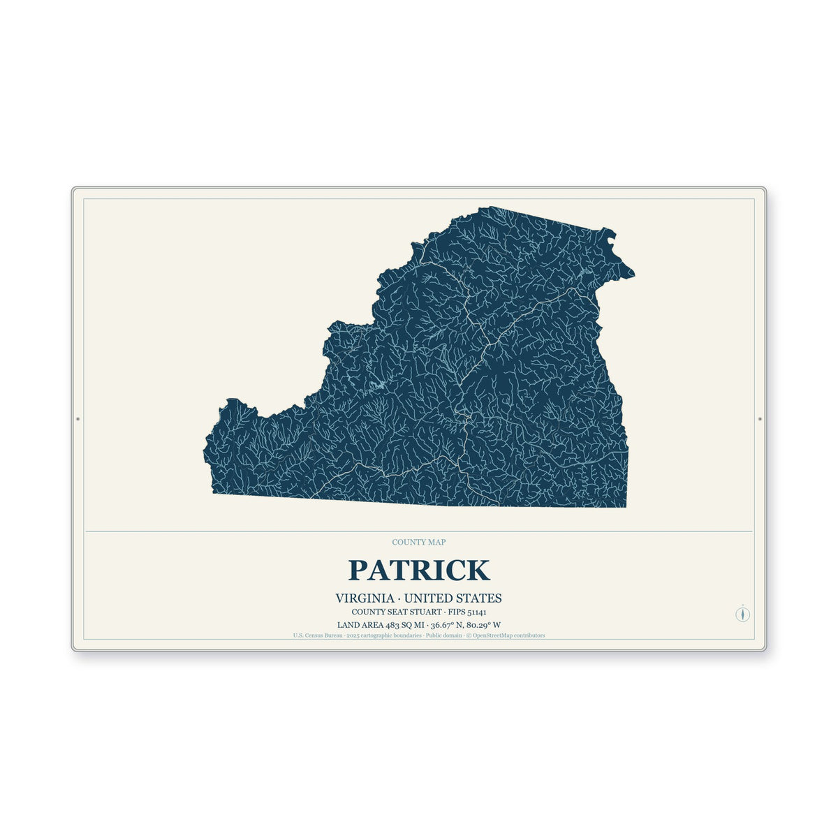 Patrick County, Virginia Map Aluminum Sign in Coastal Cutout style