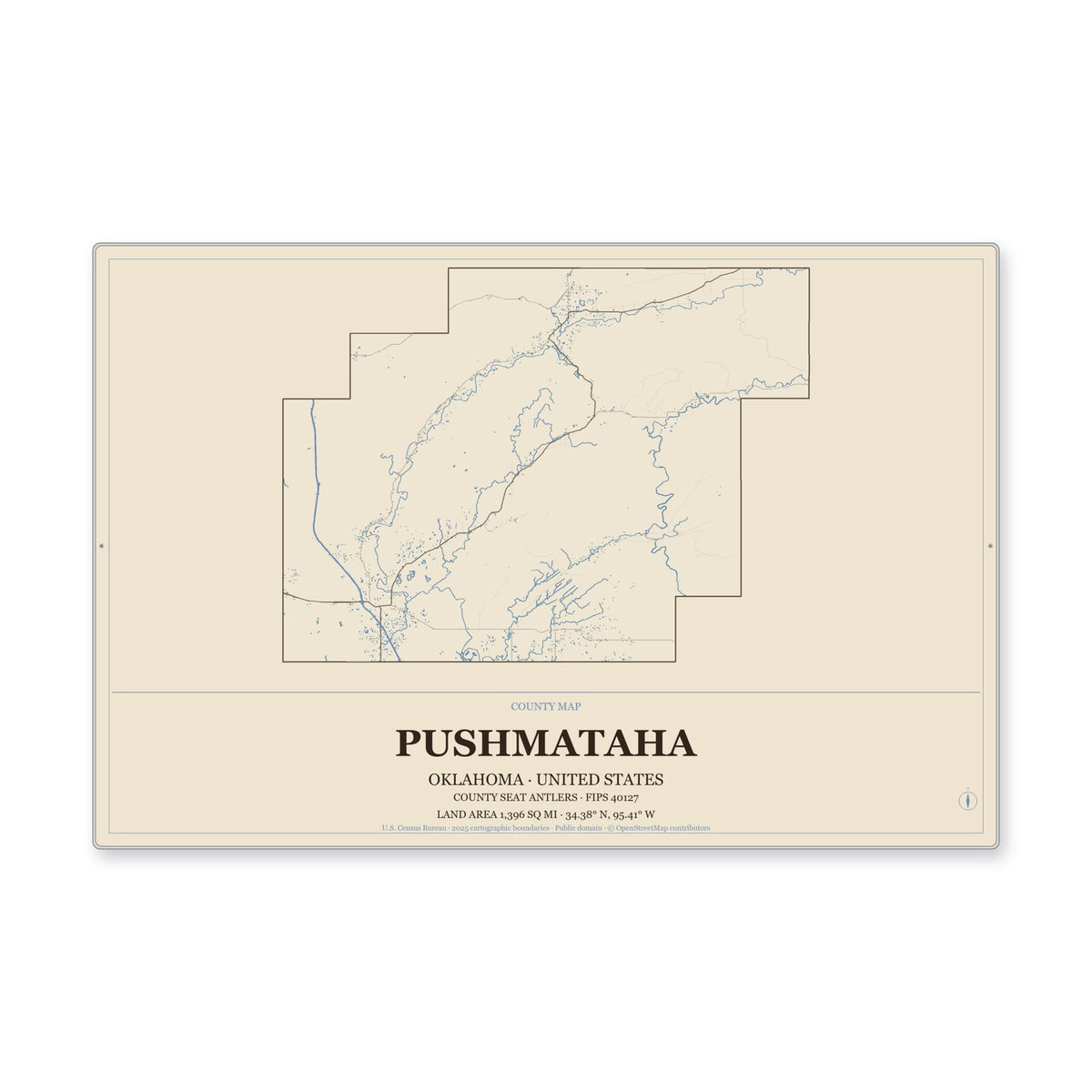 Pushmataha County, Oklahoma Map Aluminum Sign in Heritage Nautical style