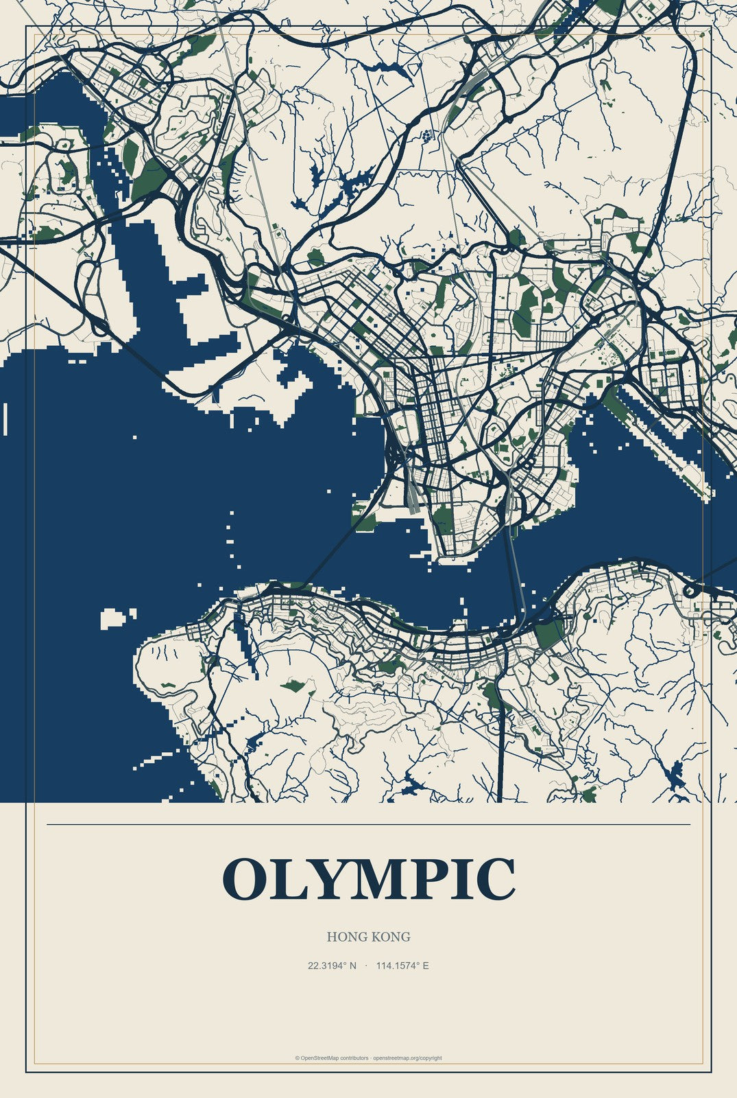 Olympic, Hong Kong City Map Aluminum Sign in Coastal Cutout style