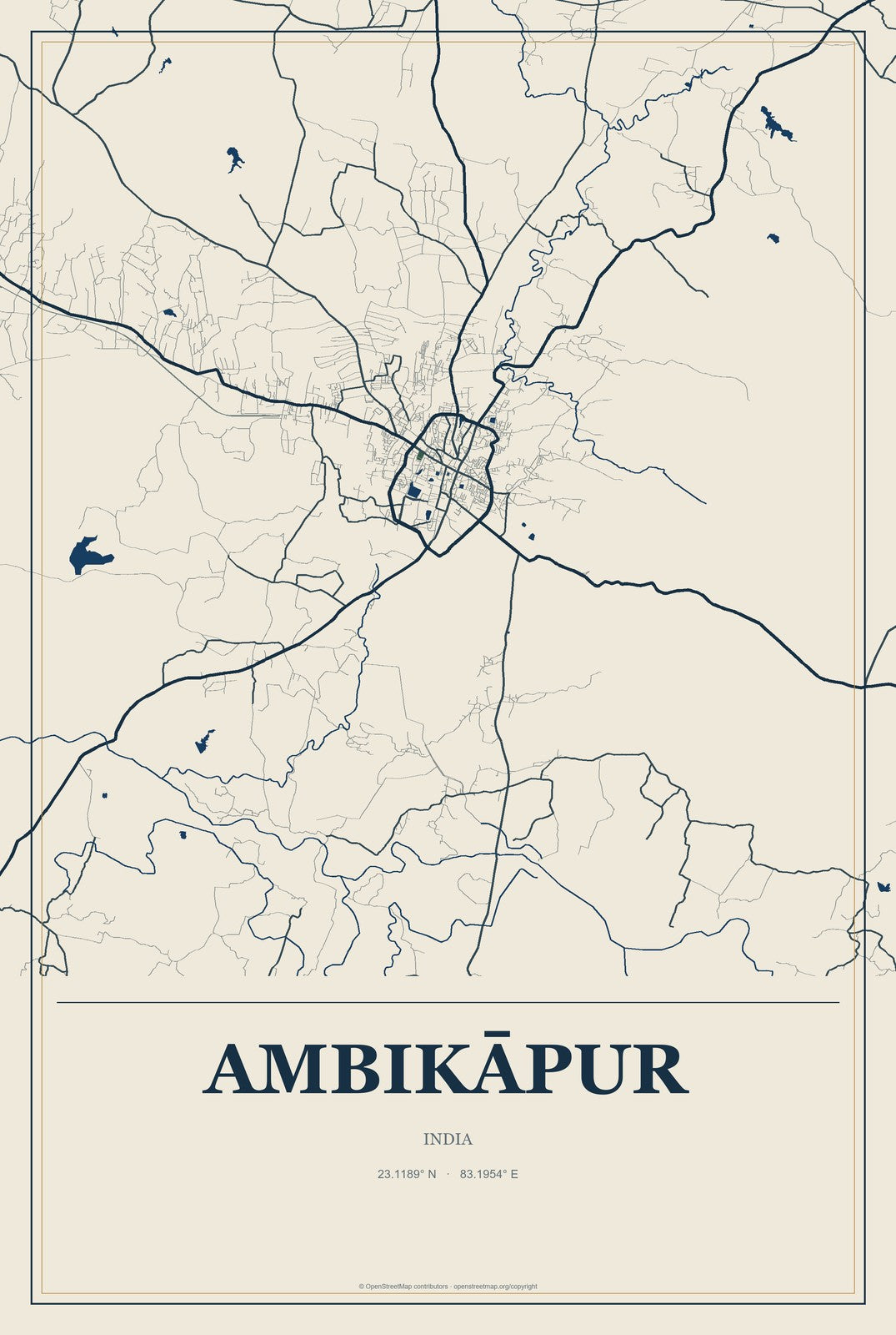 Ambikāpur, India City Map Aluminum Sign in Coastal Cutout style