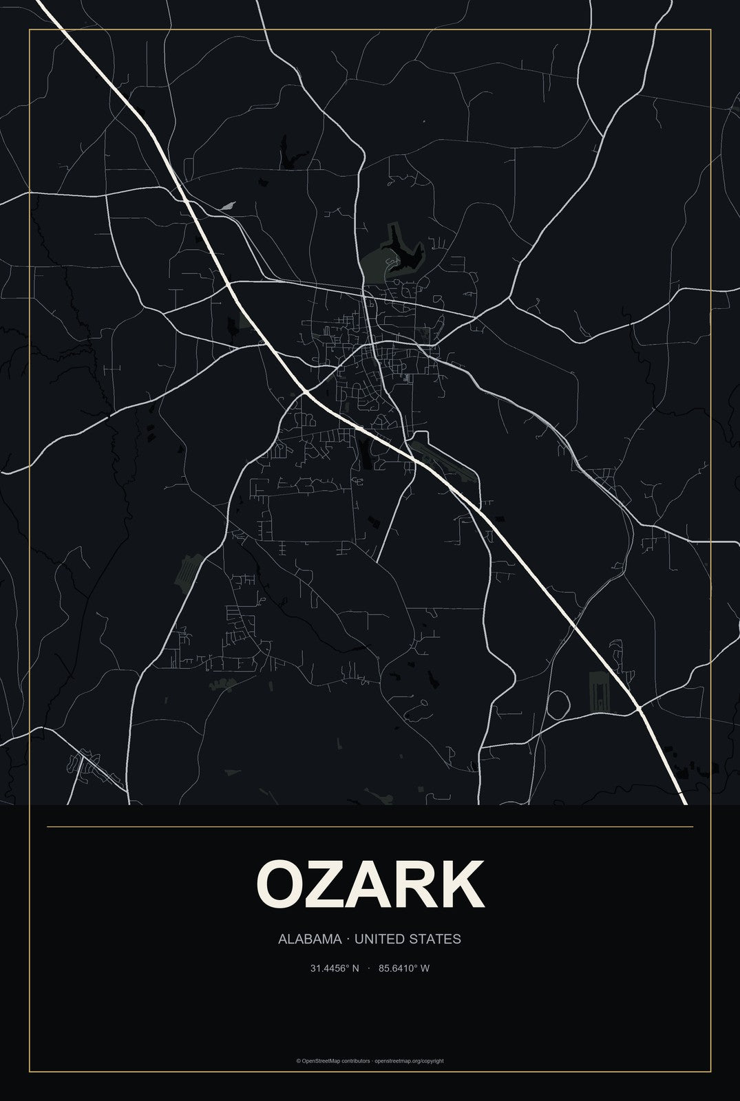 Ozark, Alabama City Map Aluminum Sign in Metropolitan Noir style