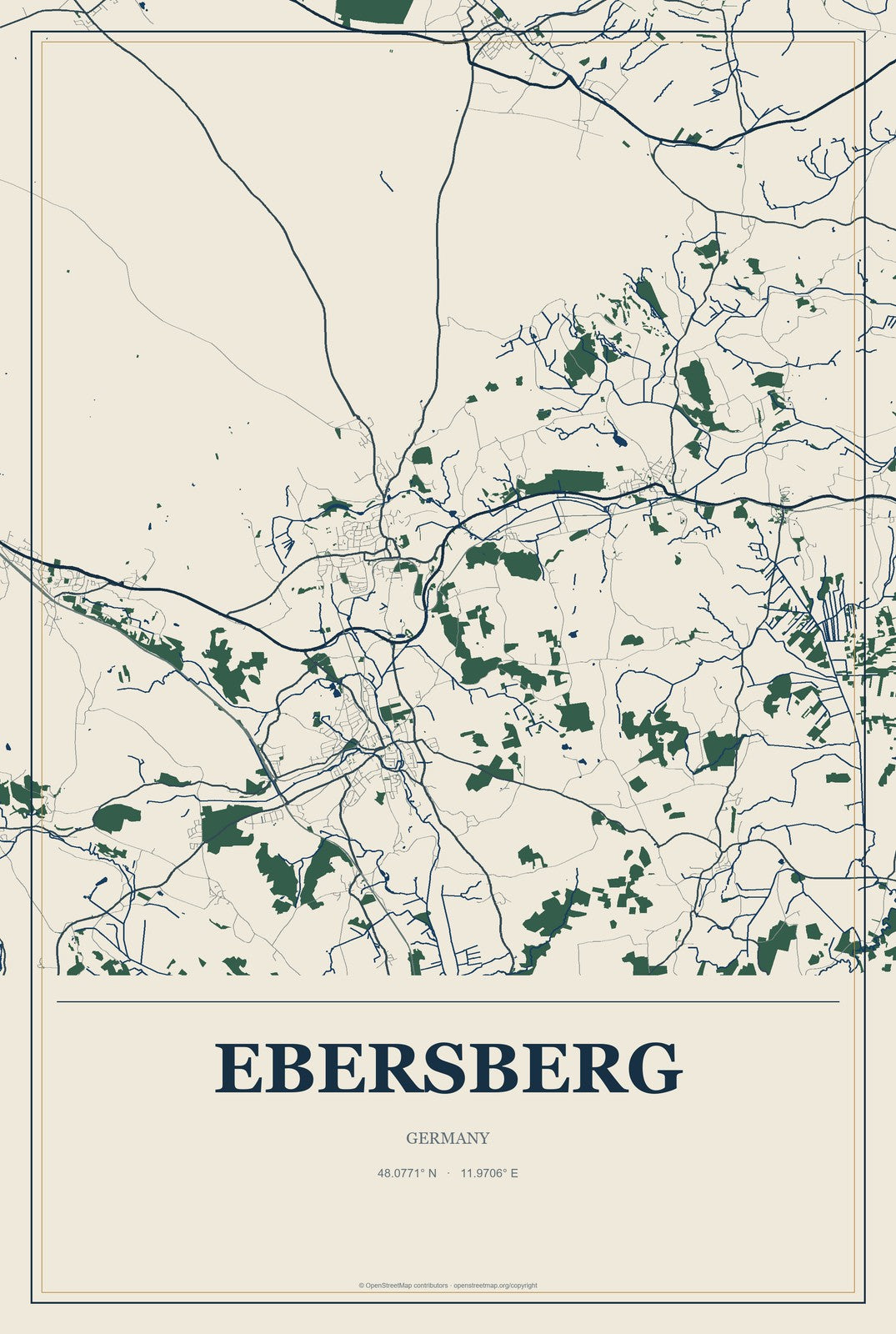 Ebersberg, Germany City Map Aluminum Sign in Coastal Cutout style