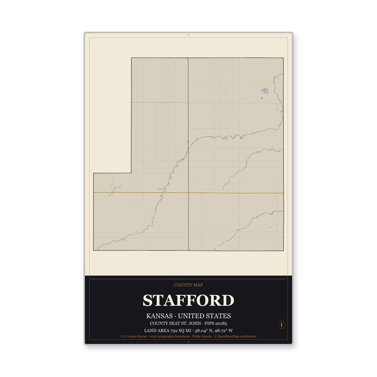 Stafford County, Kansas Map Aluminum Sign in Museum Plaque style