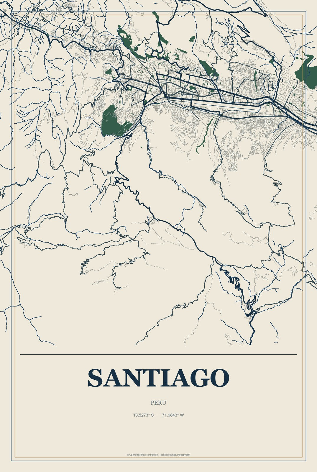 Santiago, Cuzco Department, Peru City Map Aluminum Sign in Coastal Cutout style