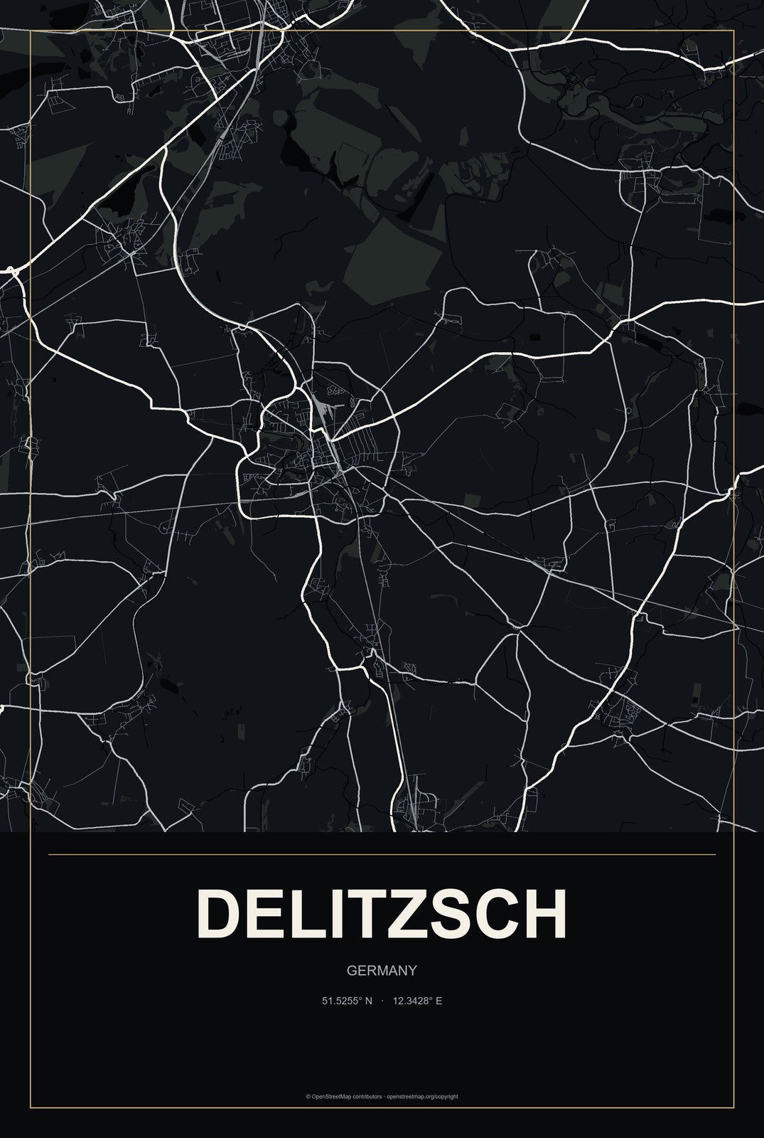 Delitzsch, Germany City Map Aluminum Sign in Metropolitan Noir style