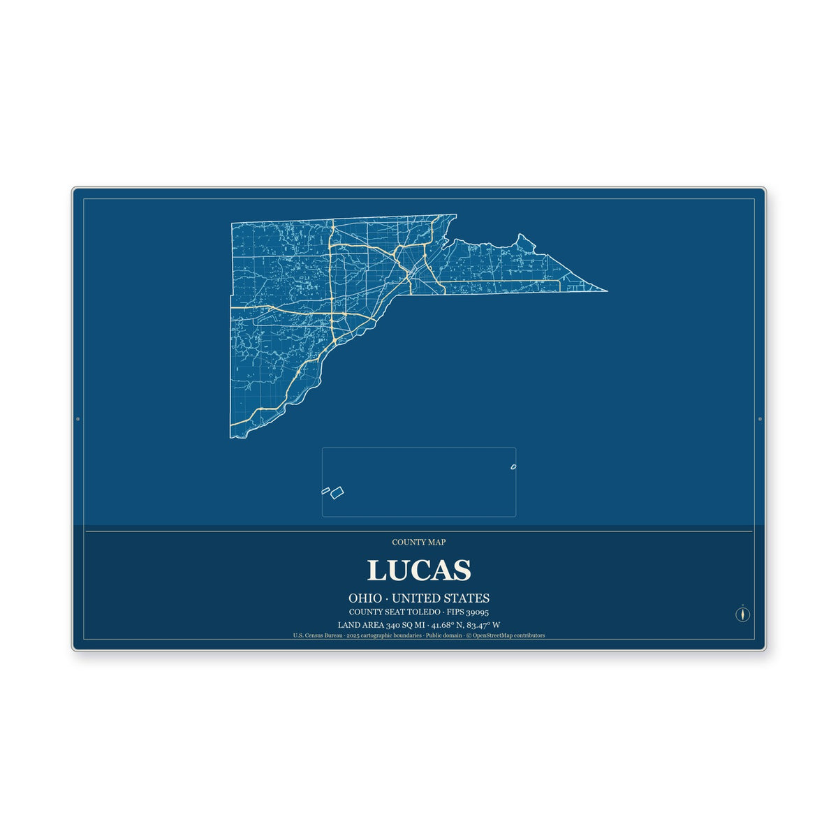 Lucas County, Ohio Map Aluminum Sign in Harbor Cobalt style