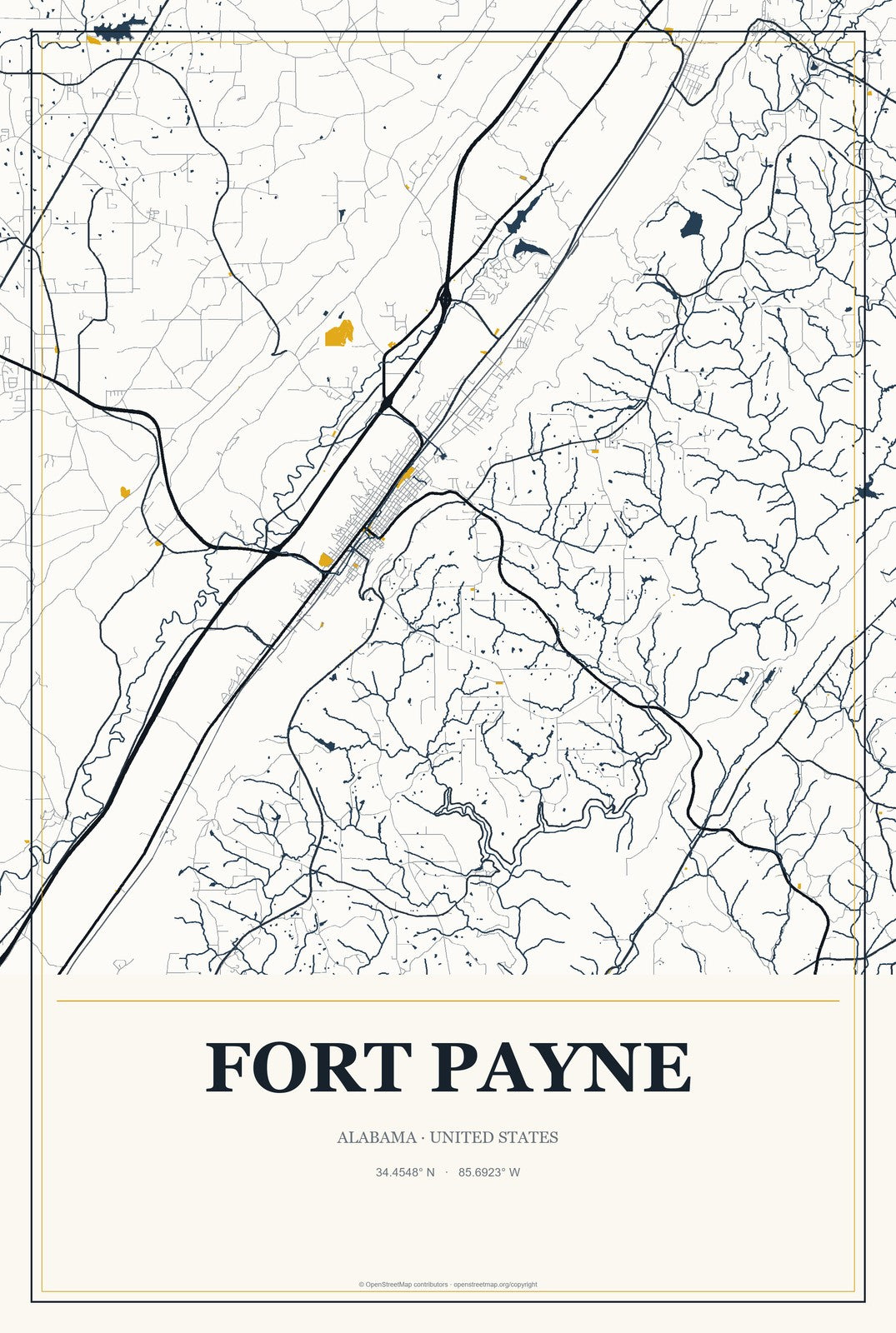 Fort Payne, Alabama City Map Aluminum Sign in Citrine Modern style