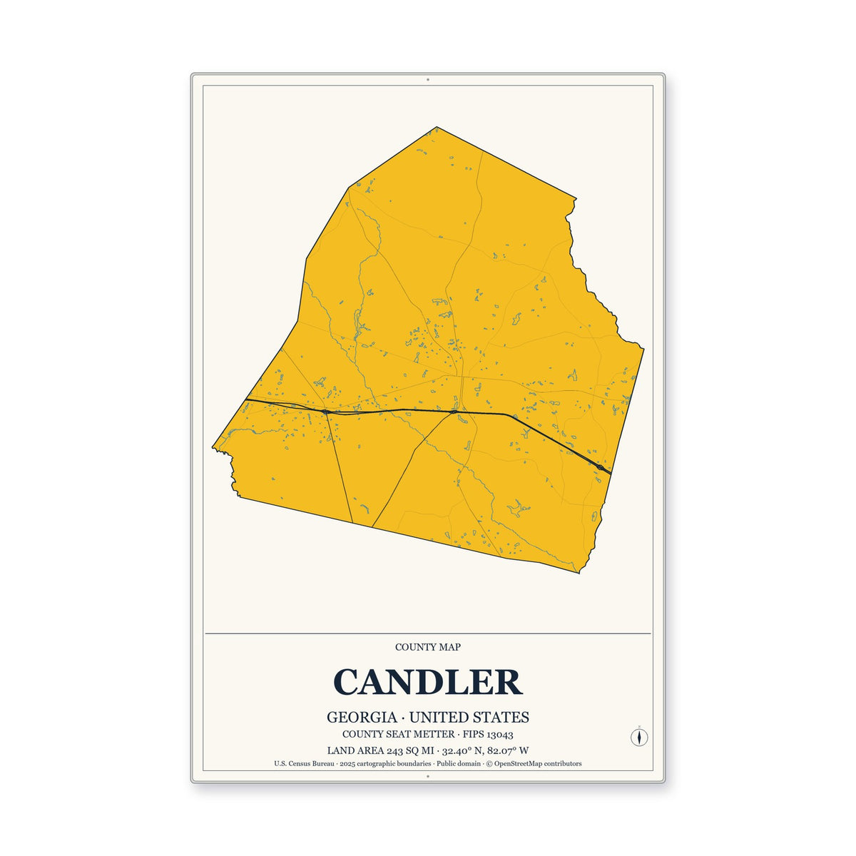 Candler County, Georgia Map Aluminum Sign in Citrine Modern style