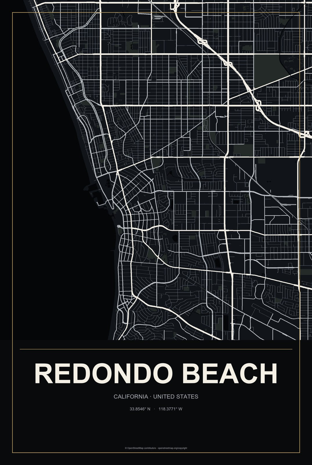 Redondo Beach, California City Map Aluminum Sign in Metropolitan Noir style