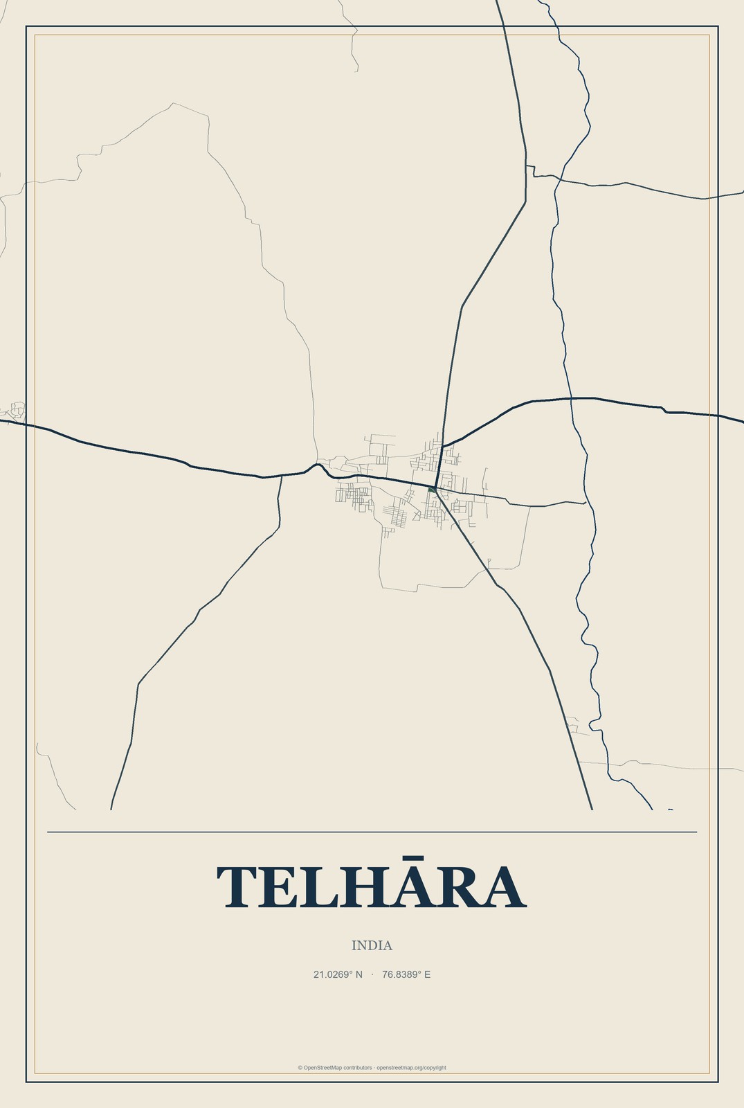 Telhāra, India City Map Aluminum Sign in Coastal Cutout style