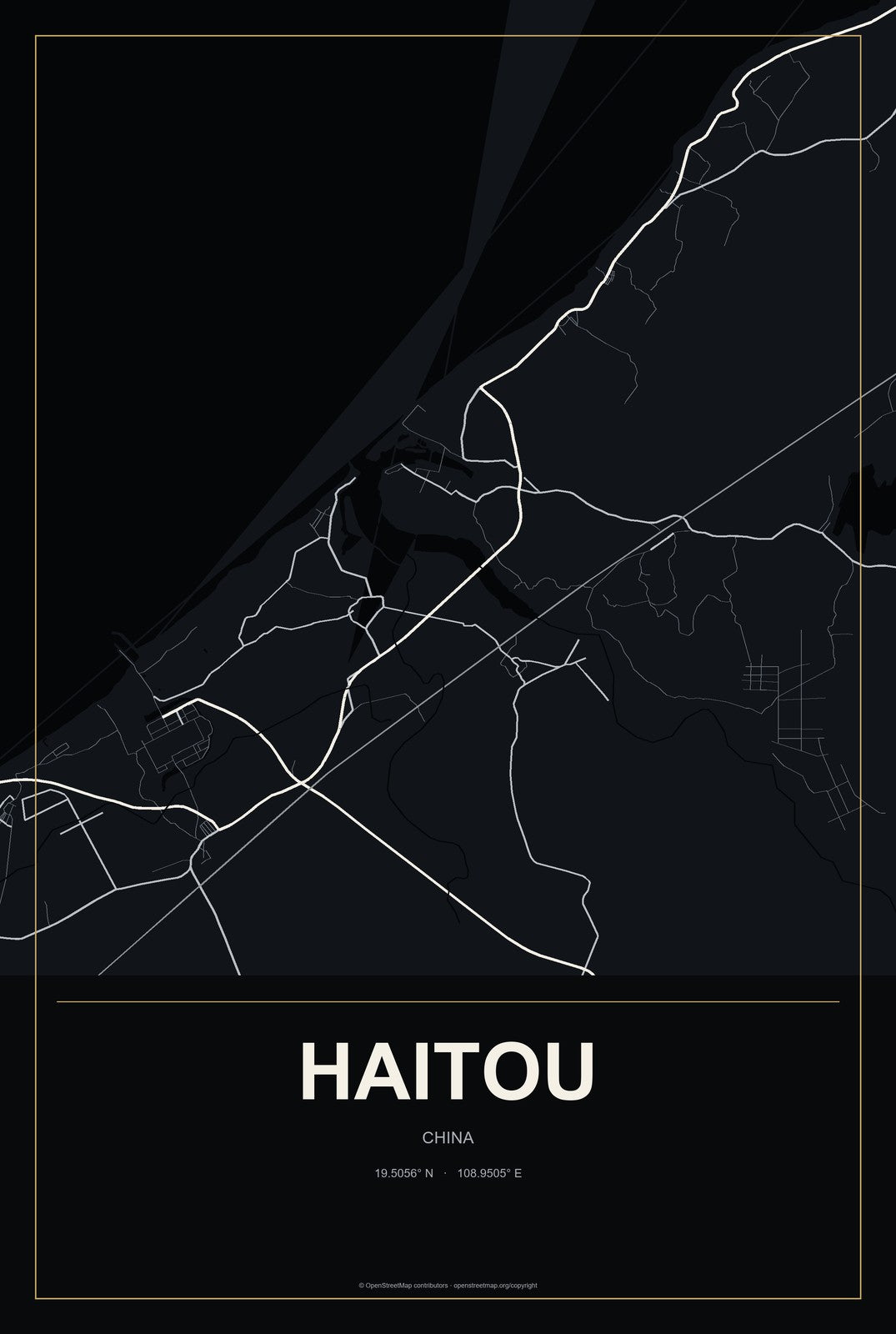 Haitou, China City Map Aluminum Sign in Metropolitan Noir style