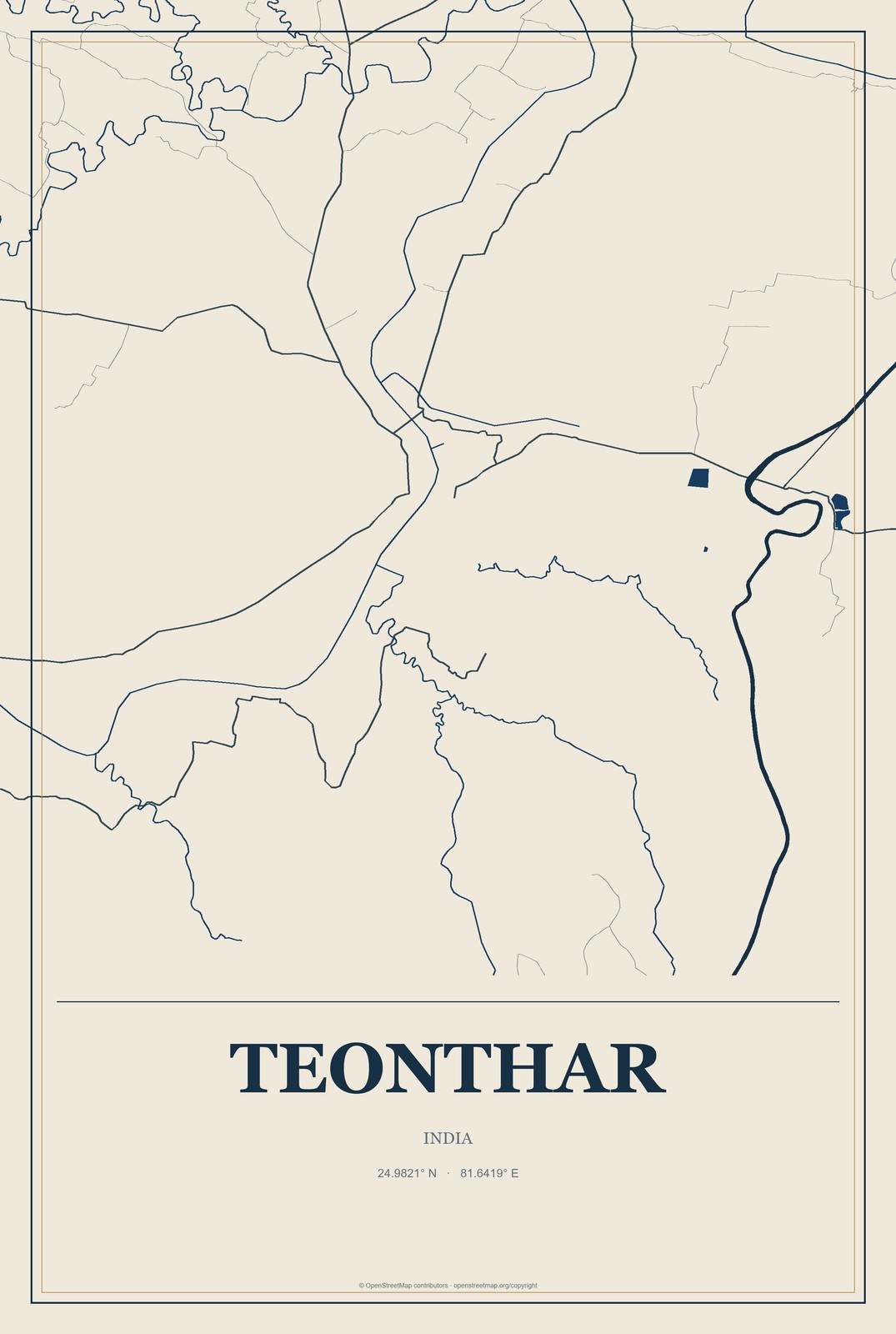 Teonthar, India City Map Aluminum Sign in Coastal Cutout style