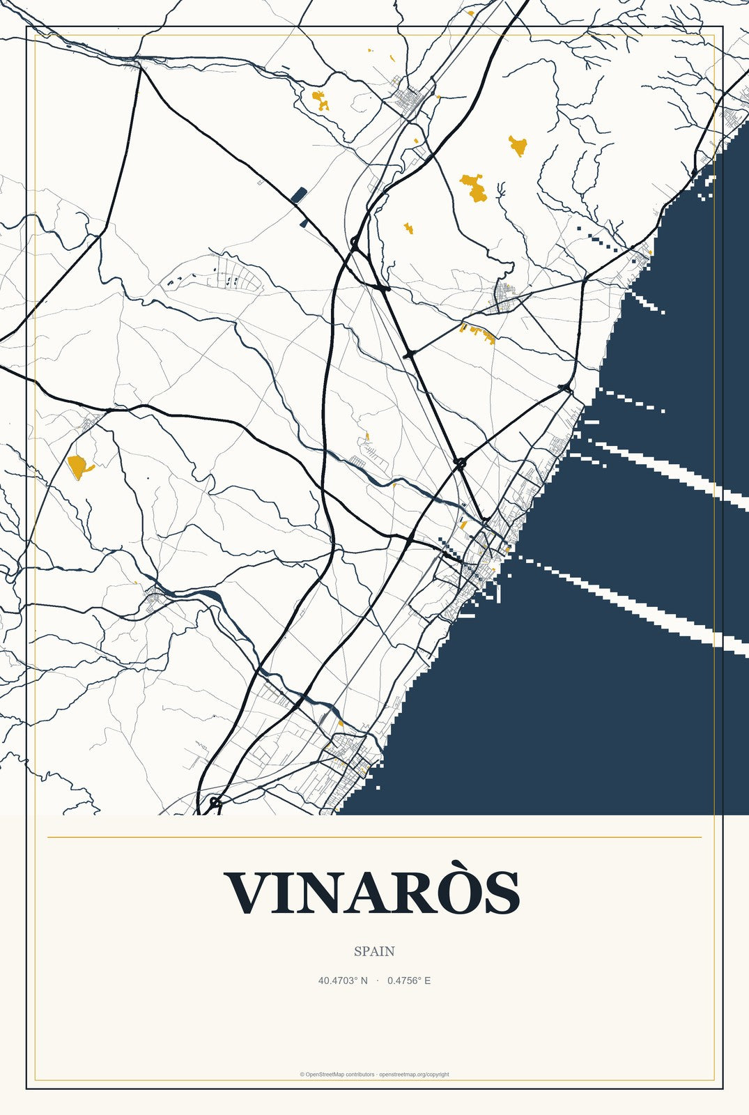 Vinaròs, Spain City Map Aluminum Sign in Citrine Modern style