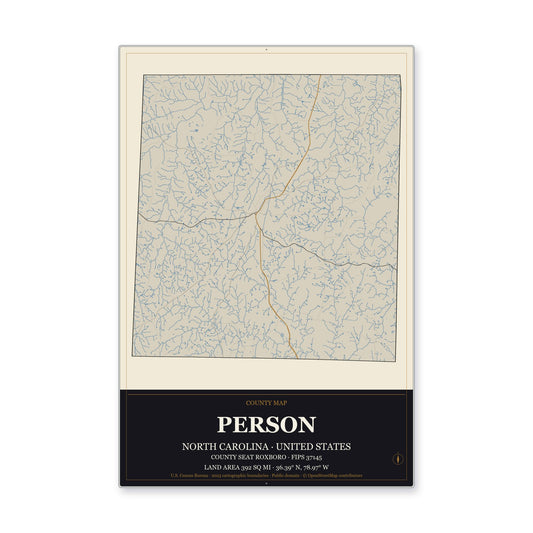 Person County, North Carolina Map Aluminum Sign in Museum Plaque style