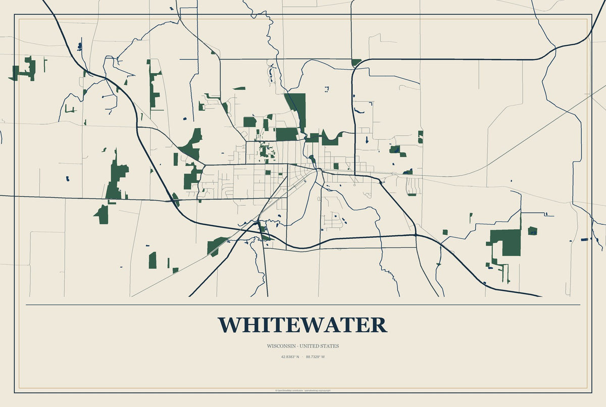 Whitewater, Wisconsin City Map Aluminum Sign in Coastal Cutout style