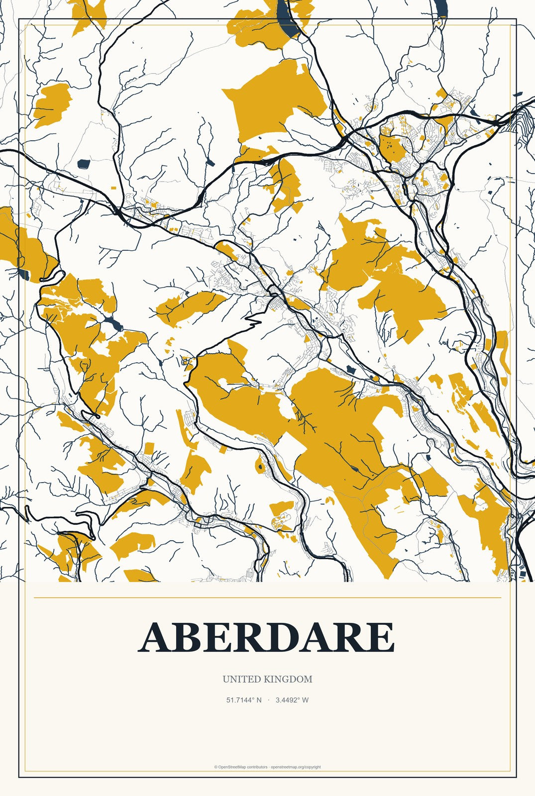 Aberdare, United Kingdom City Map Aluminum Sign in Citrine Modern style