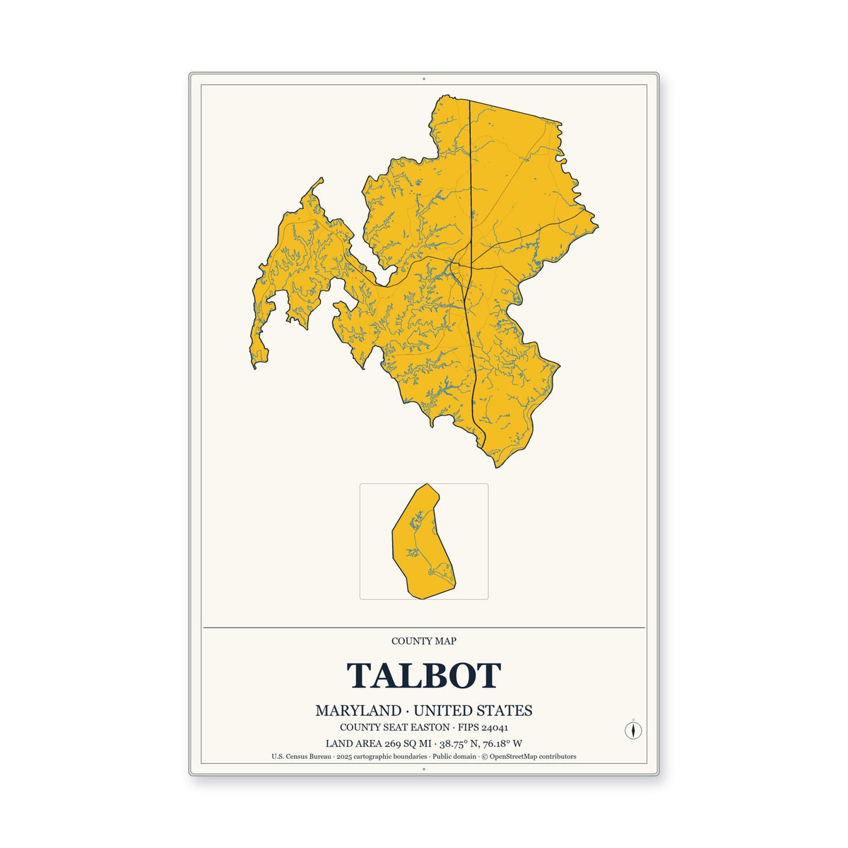 Talbot County, Maryland Map Aluminum Sign in Citrine Modern style