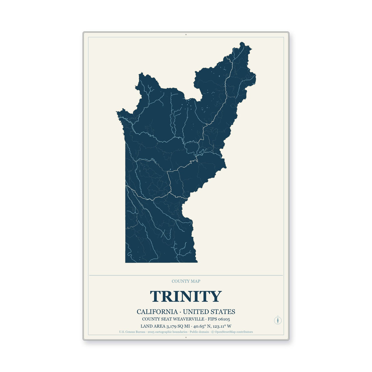 Trinity County, California Map Aluminum Sign in Coastal Cutout style