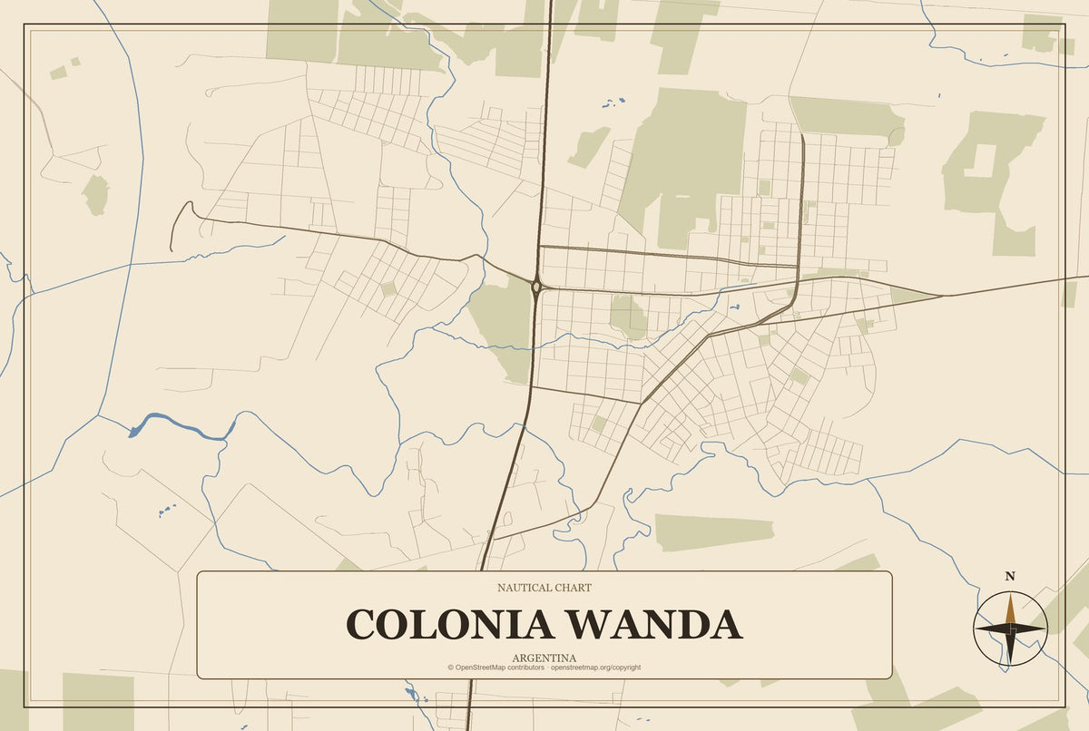 Colonia Wanda, Argentina City Map Aluminum Sign in Heritage Nautical style