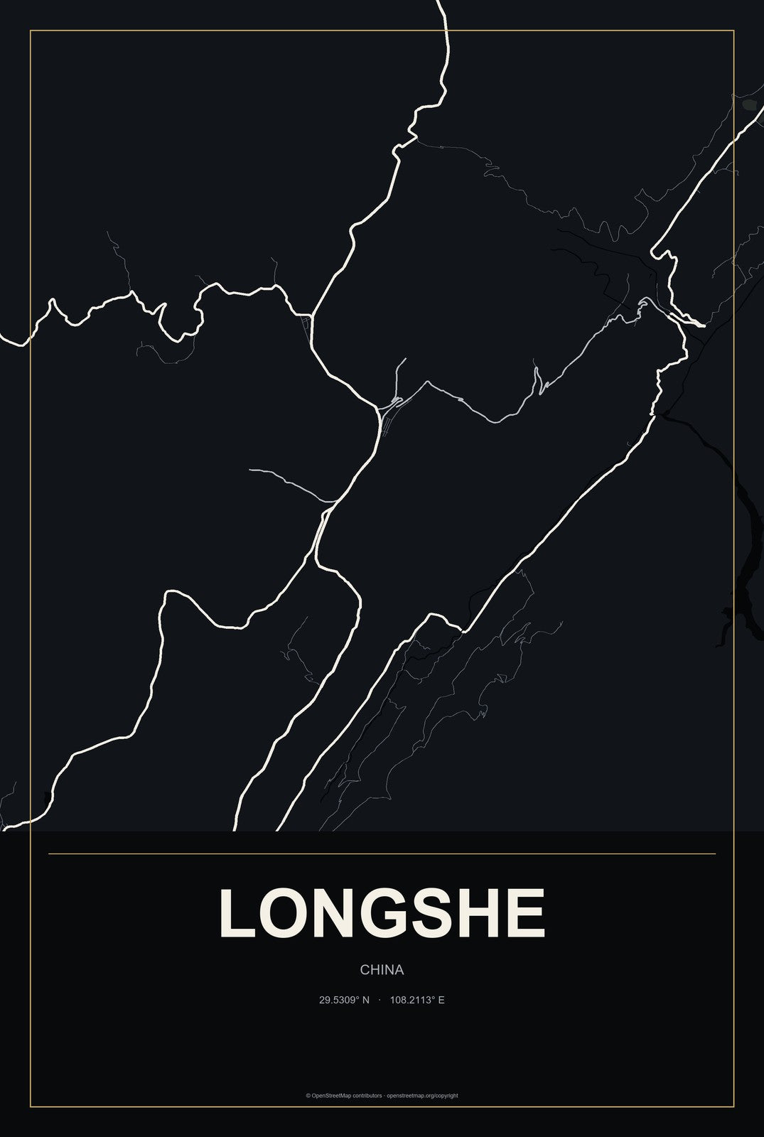 Longshe, China City Map Aluminum Sign in Metropolitan Noir style