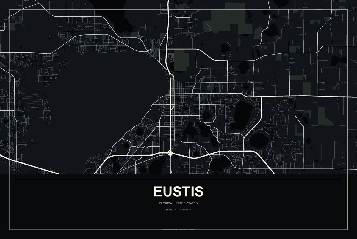 Eustis, Florida City Map Aluminum Sign in Metropolitan Noir style