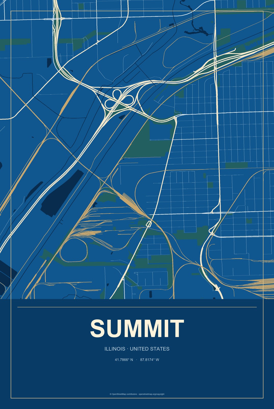 Summit, Illinois City Map Aluminum Sign in Harbor Cobalt style