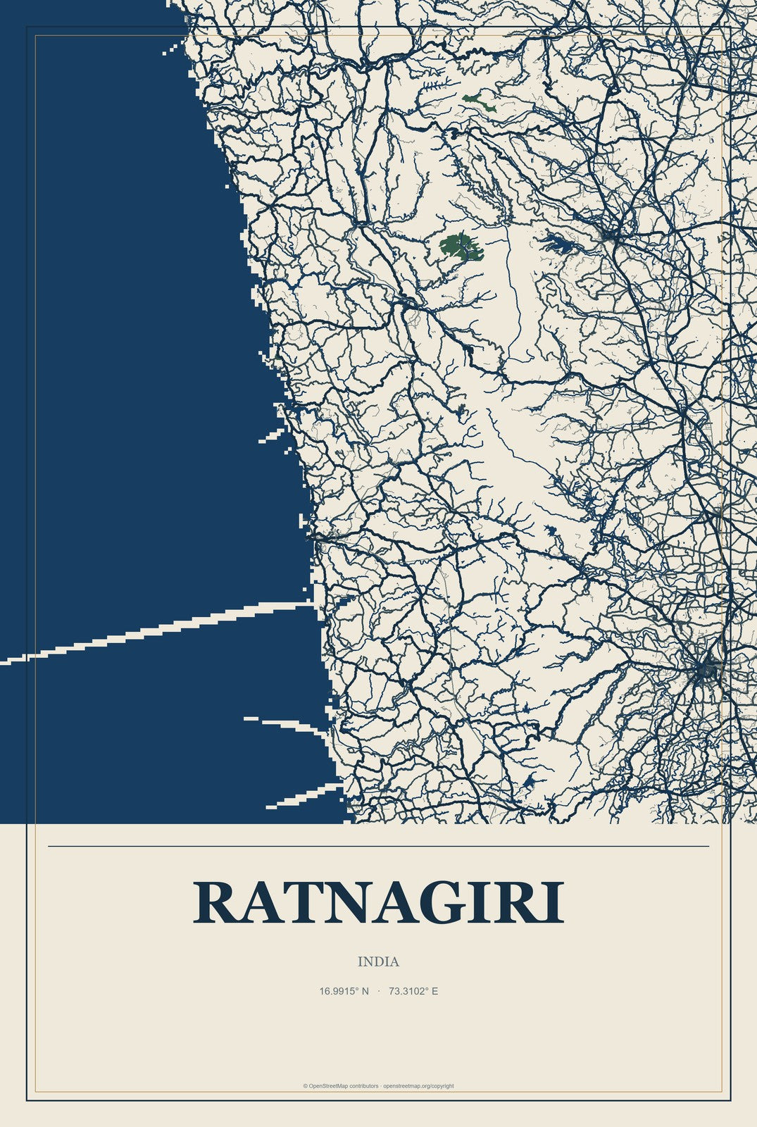 Ratnagiri, India City Map Aluminum Sign in Coastal Cutout style
