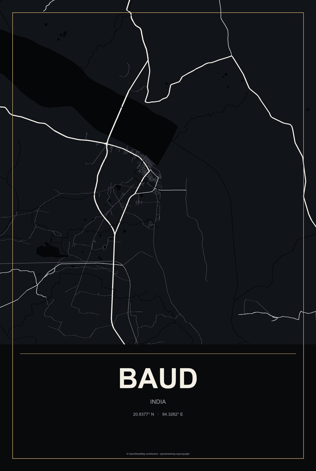 Baud, India City Map Aluminum Sign in Metropolitan Noir style