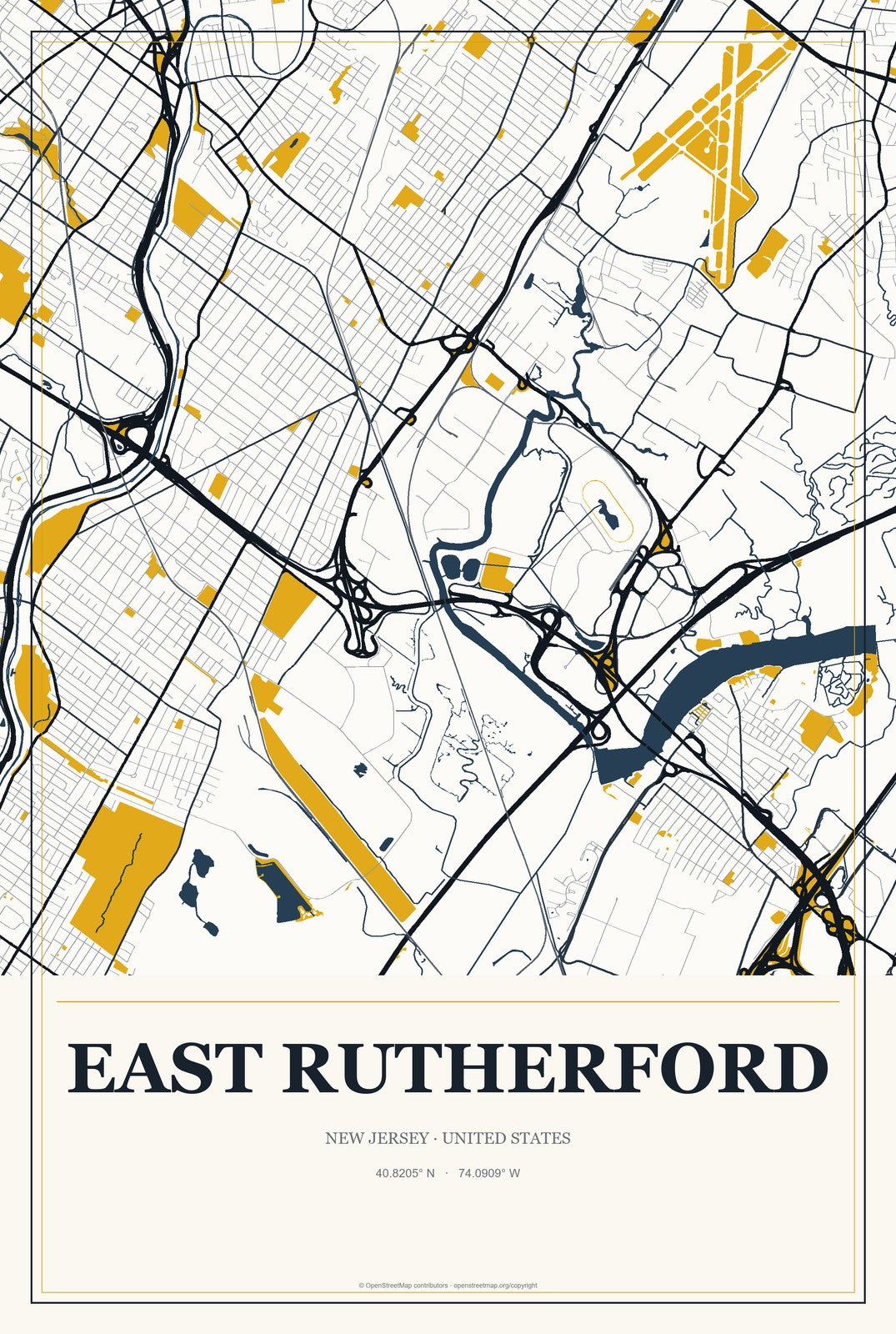 East Rutherford, New Jersey City Map Aluminum Sign in Citrine Modern style