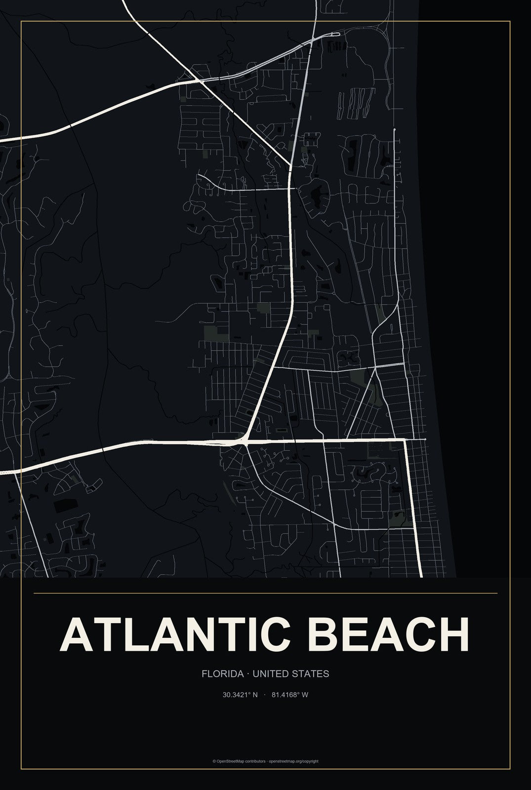 Atlantic Beach, Florida City Map Aluminum Sign in Metropolitan Noir style