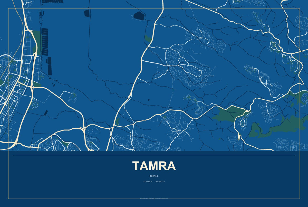 Tamra, Israel City Map Aluminum Sign in Harbor Cobalt style